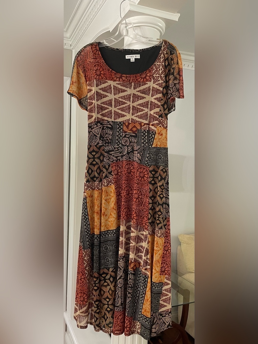 Robbie Bee women’s size XL patch work print mesh Midi dress. Short sleeve,